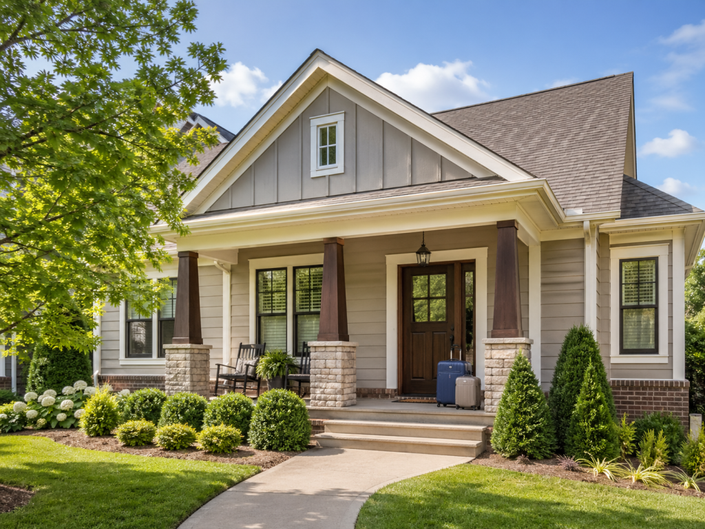 Short-Term Rentals in Madison County, AL: What Buyers Need to Know Before Purchasing an Airbnb Well-maintained Huntsville, Alabama home with luggage on the front porch, suggesting a short-term rental or Airbnb guest arrival.