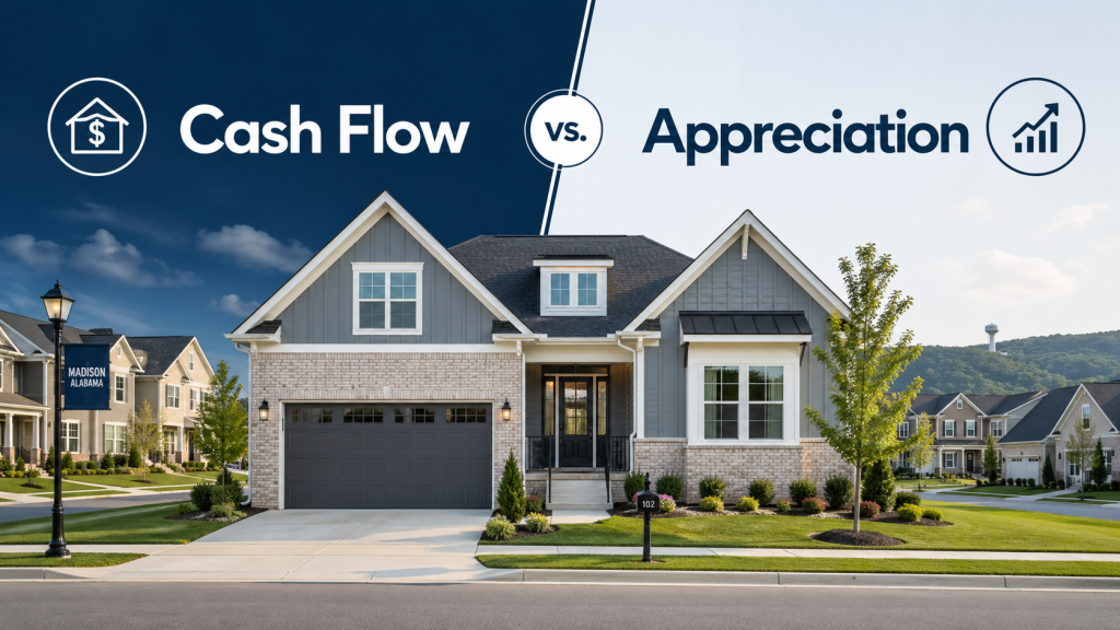 Modern Huntsville-area home with overlay comparing Cash Flow and Appreciation for real estate investing.