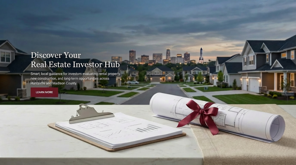 Huntsville Real Estate Investor Hub Huntsville real estate investor hub graphic showing modern homes and investment-focused imagery for investors in Huntsville and Madison County