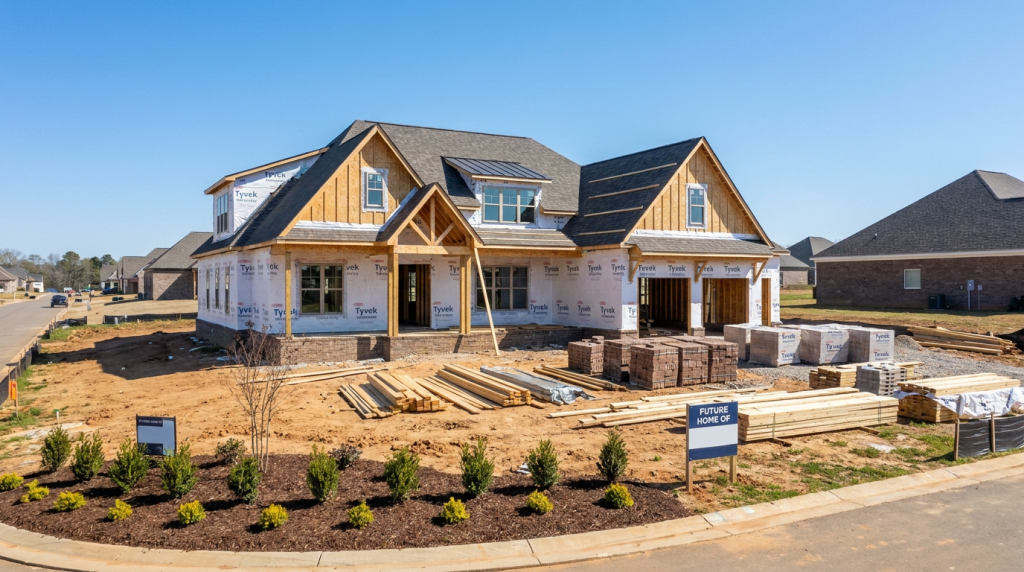 New Construction Homes in Huntsville, AL: What Every Buyer Needs to Know Wide exterior view of a new construction home in a Huntsville-area subdivision with workers on site, fresh landscaping, and nearby homes under construction. home under construction.