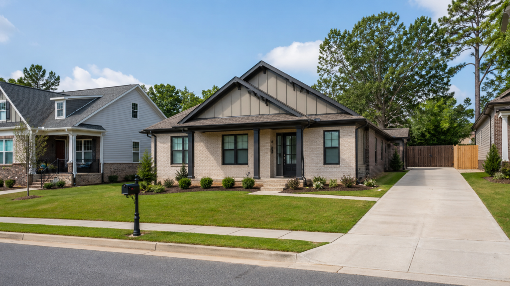 Clean Huntsville-area rental home with tidy front yard, driveway, sidewalk, and neighboring homes on a quiet residential street.
