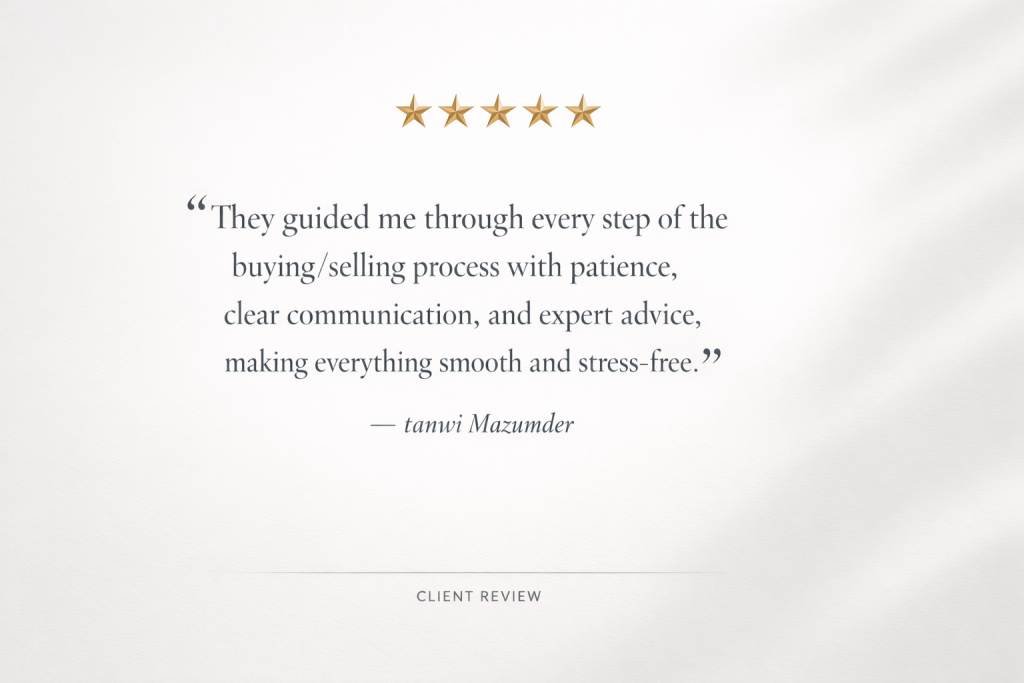 Five-star client review for Steve Stinson from tanwi Mazumder describing patient guidance, clear communication, and expert advice throughout the buying and selling process.