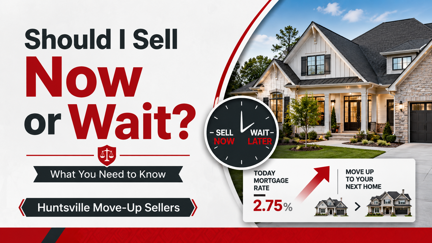 Blog thumbnail showing a Huntsville move-up seller decision graphic with a home, clock, rising arrow, and headline asking whether to sell now or wait.