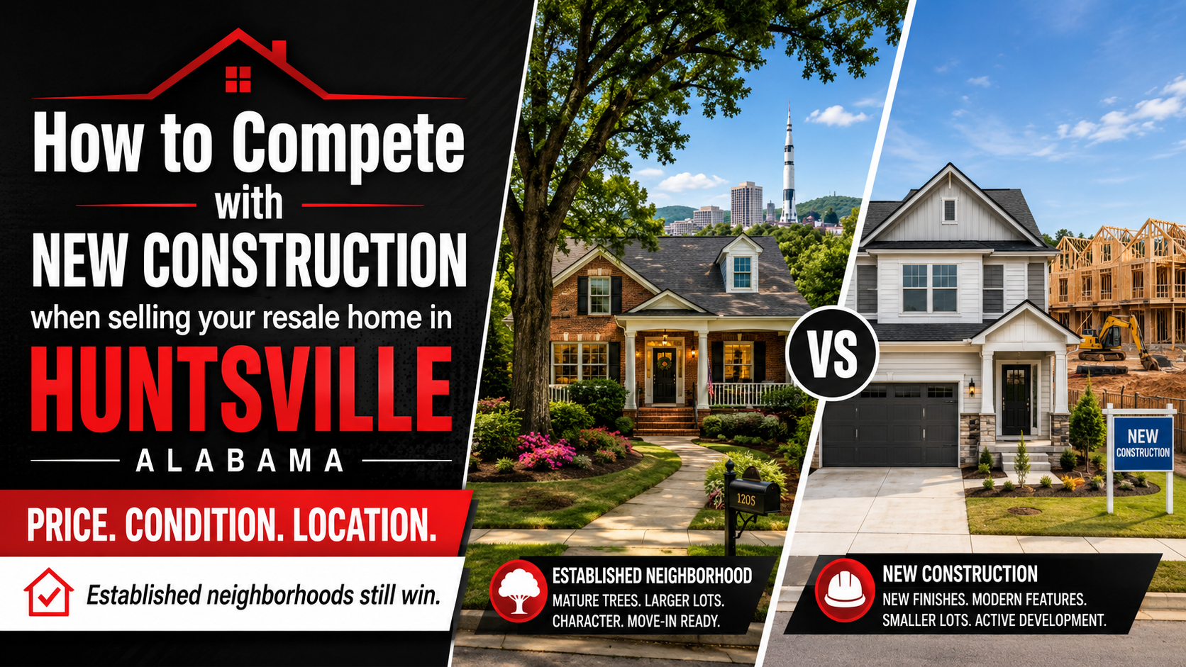 Blog thumbnail comparing a resale home in an established Huntsville neighborhood with a new construction home, highlighting price, condition, and location.