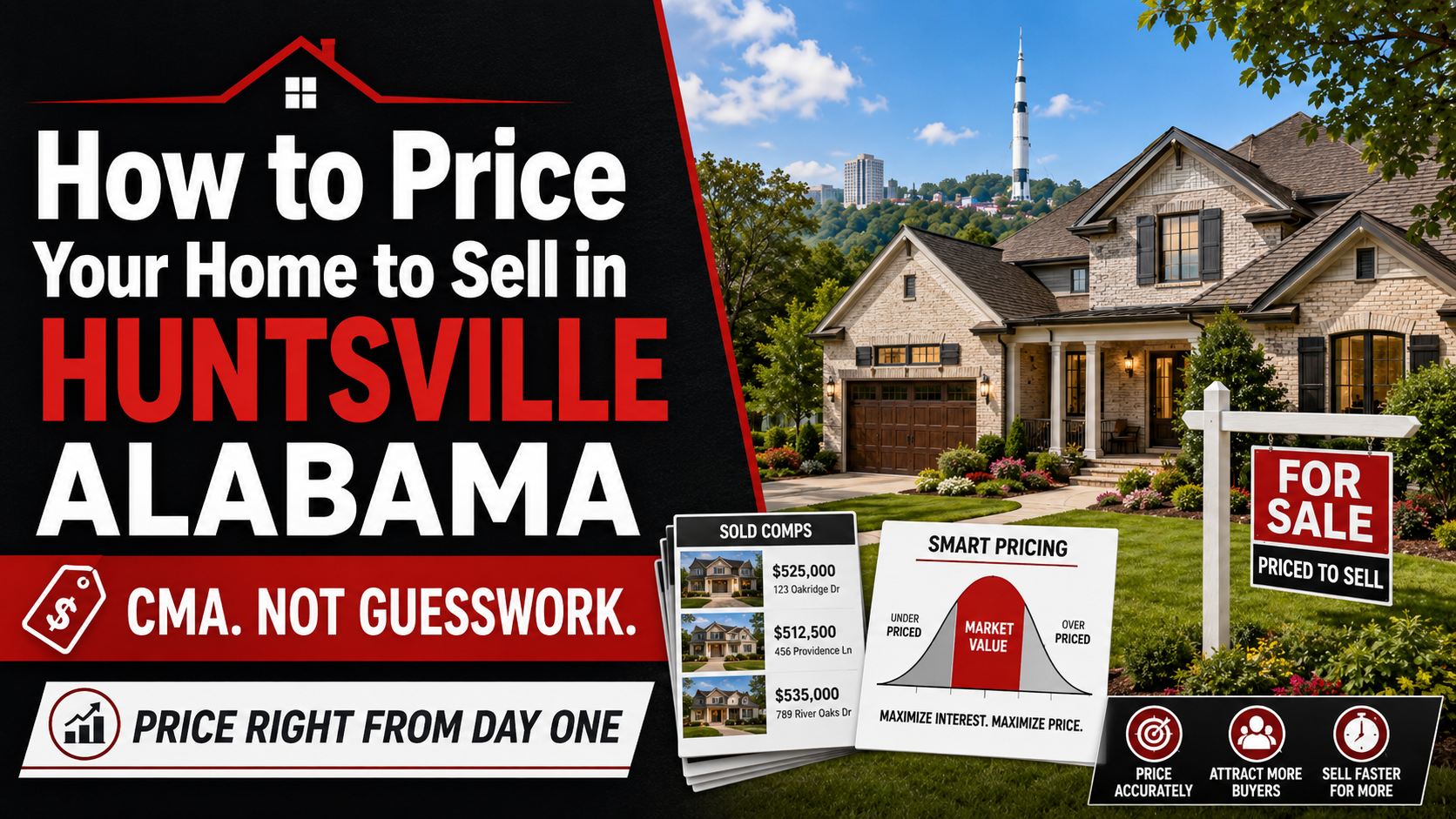 Blog thumbnail showing a Huntsville home for sale with pricing graphics, sold comps, and a smart pricing chart emphasizing CMA-based home pricing.