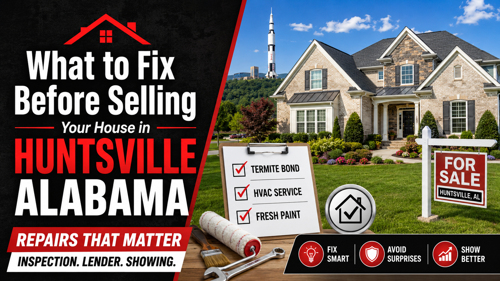 Blog thumbnail showing a Huntsville home for sale with a repair checklist for termite bond, HVAC service, and fresh paint before listing.