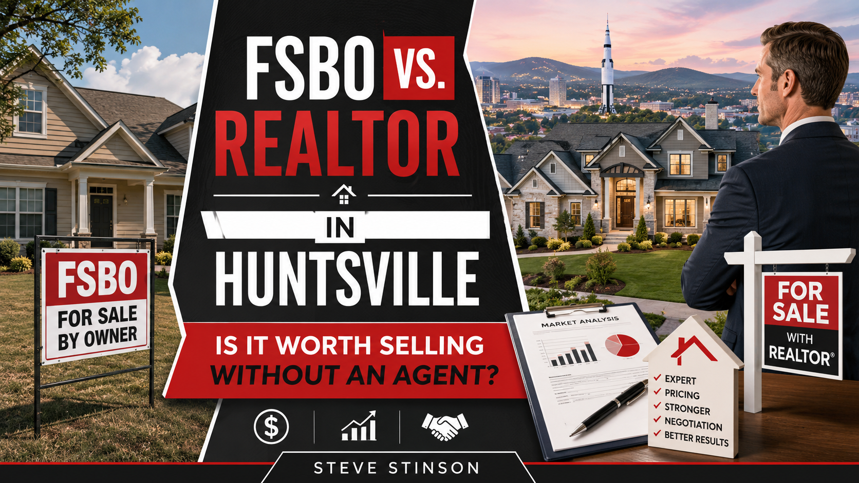 Blog thumbnail comparing FSBO vs. Realtor in Huntsville, Alabama, showing a for sale by owner sign, a professional real estate agent, and home-selling strategy elements.