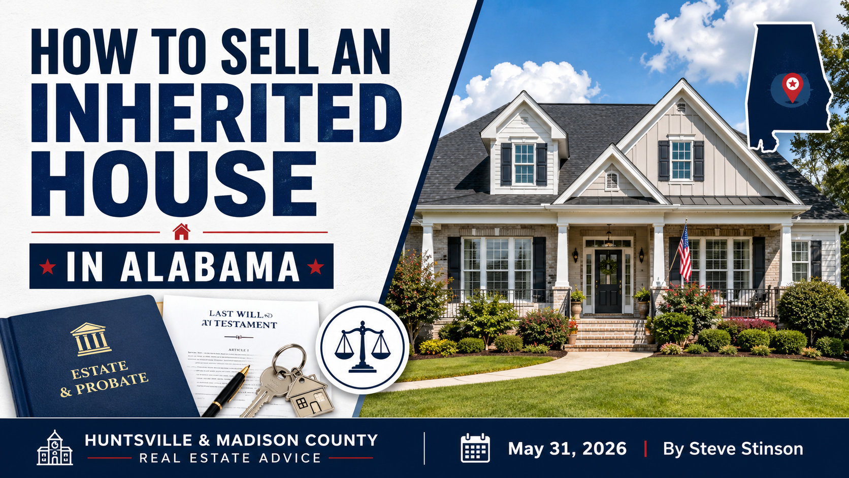 Blog thumbnail showing an Alabama home, probate documents, estate paperwork, and keys for a guide on selling an inherited house in Alabama.