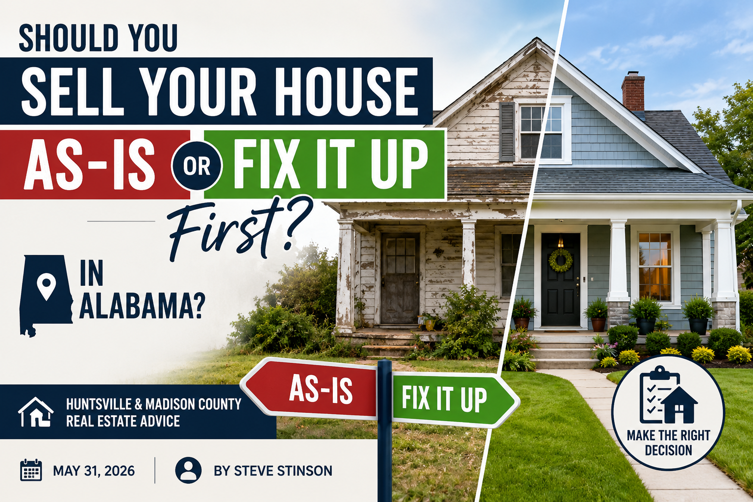 Split image of an Alabama house showing one side as-is and the other side repaired, representing whether sellers should sell as-is or make repairs first.