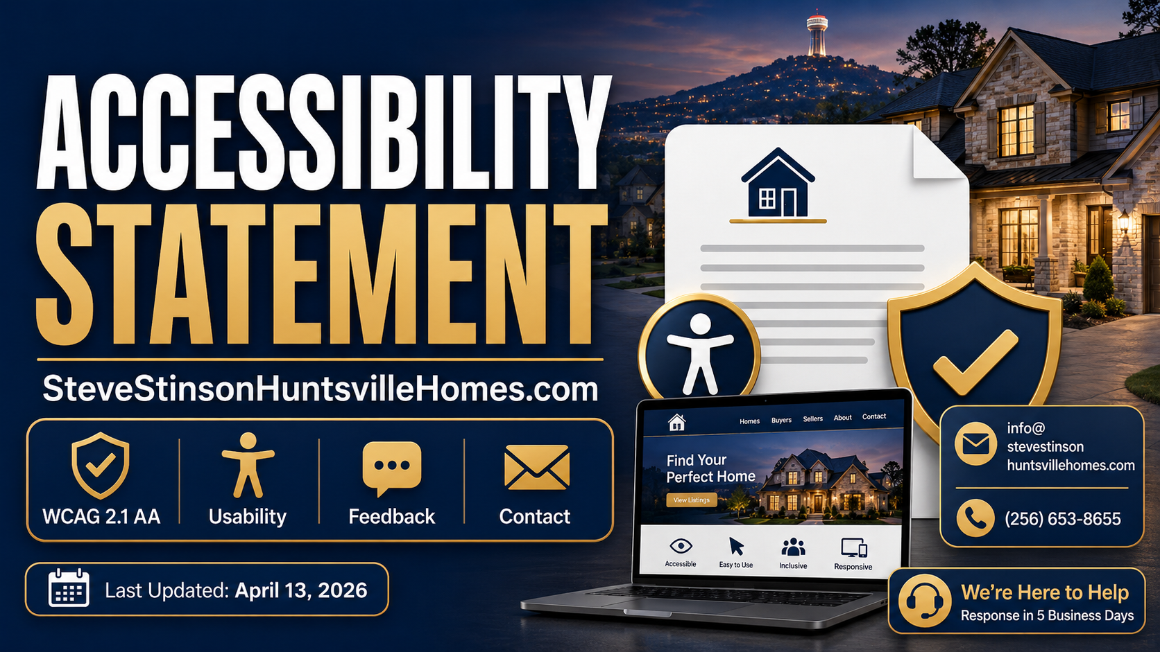Accessibility Statement YouTube thumbnail for SteveStinsonHuntsvilleHomes.com Accessibility Statement page featuring a Huntsville home background, accessibility icons, WCAG 2.1 AA reference, contact options, and a message that help is available.