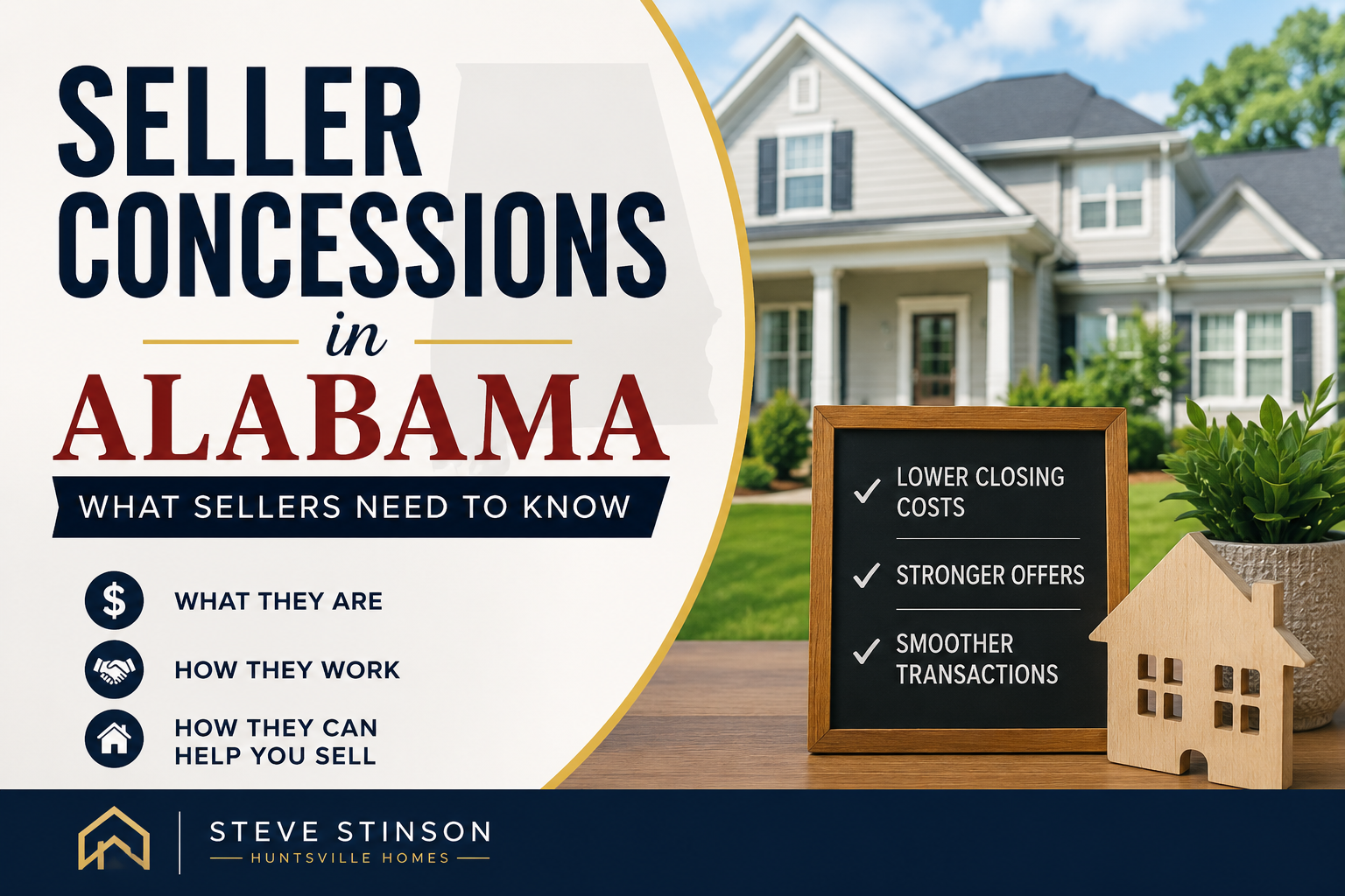 Blog thumbnail about seller concessions in Alabama with a home, closing cost checklist, and real estate branding.