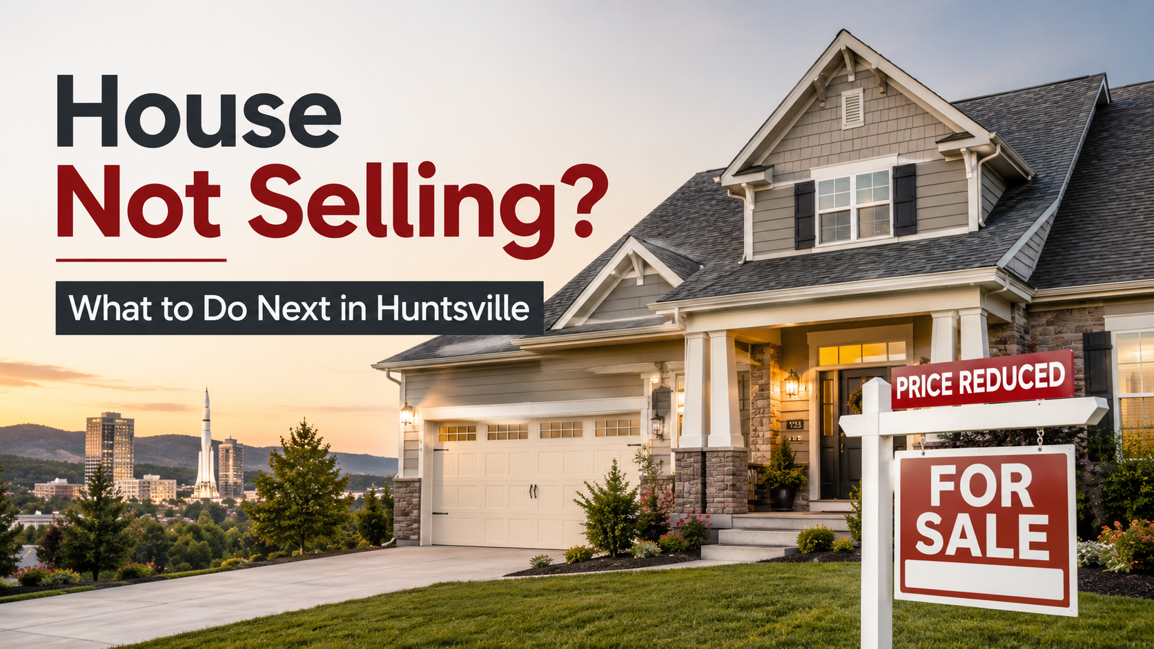 My House Isn't Selling in Huntsville: What to Do Next Huntsville home with for sale sign and price reduced message for a blog about what to do when a house is not selling.
