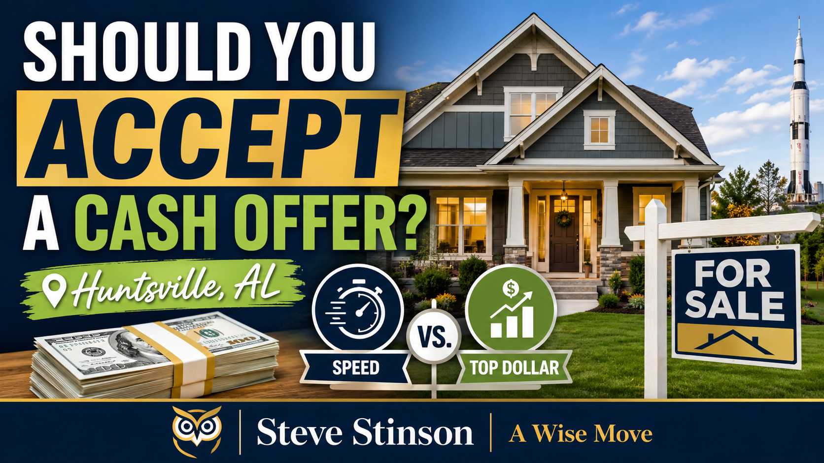 Blog thumbnail showing a Huntsville home for sale with cash offer graphics comparing speed versus top dollar.