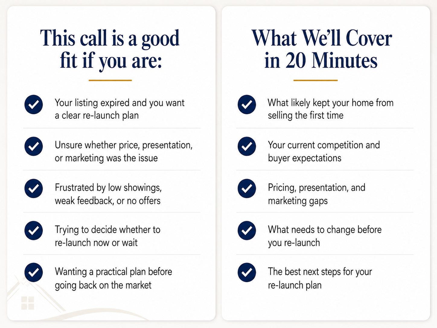 Your Home Didn't Sell. Here's What to Do Next. Expired listing strategy call graphic showing who the call is for and what Huntsville sellers will cover in 20 minutes.
