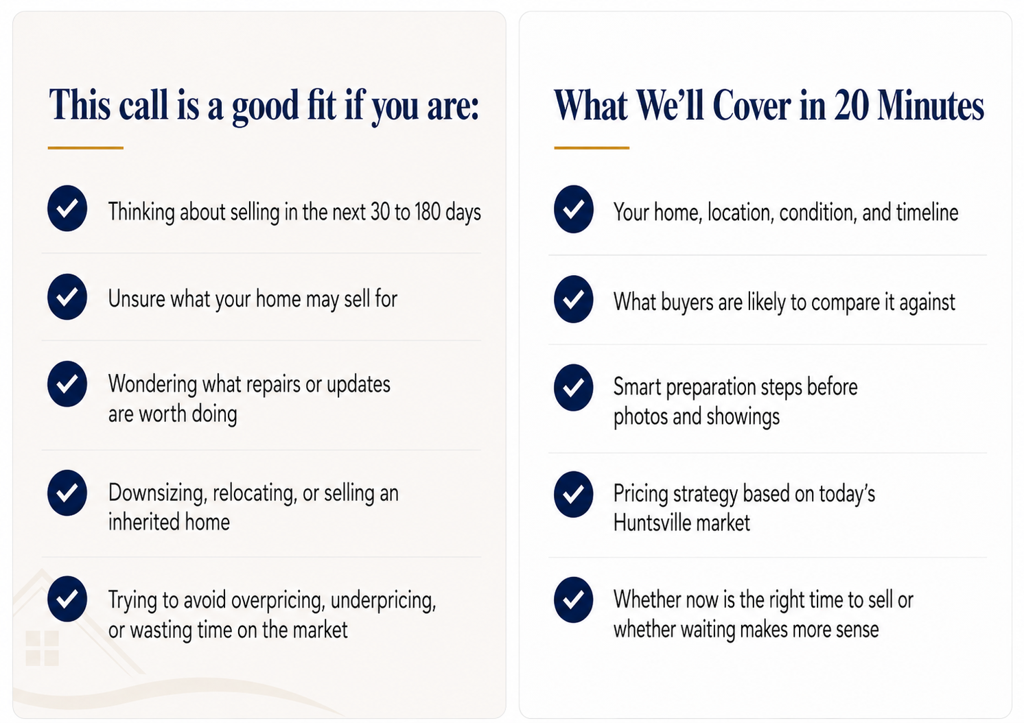 Seller strategy call graphic showing who the call is for and what will be covered in 20 minutes.