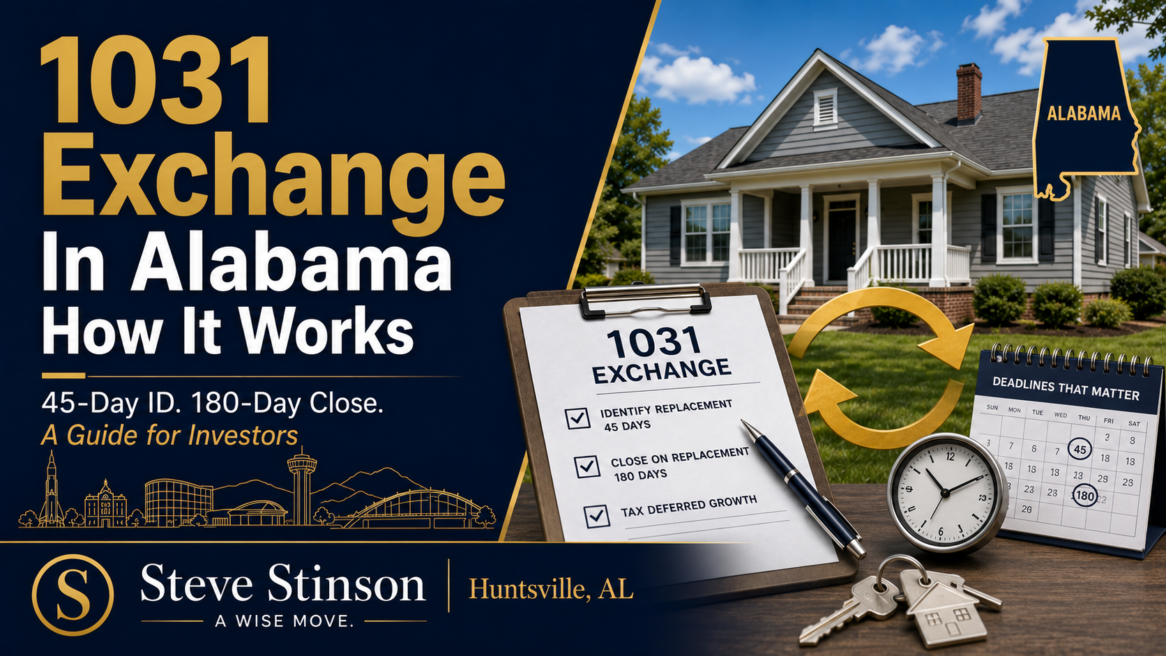 1031 exchange guide for Alabama real estate investors showing the 45-day identification and 180-day closing deadlines
