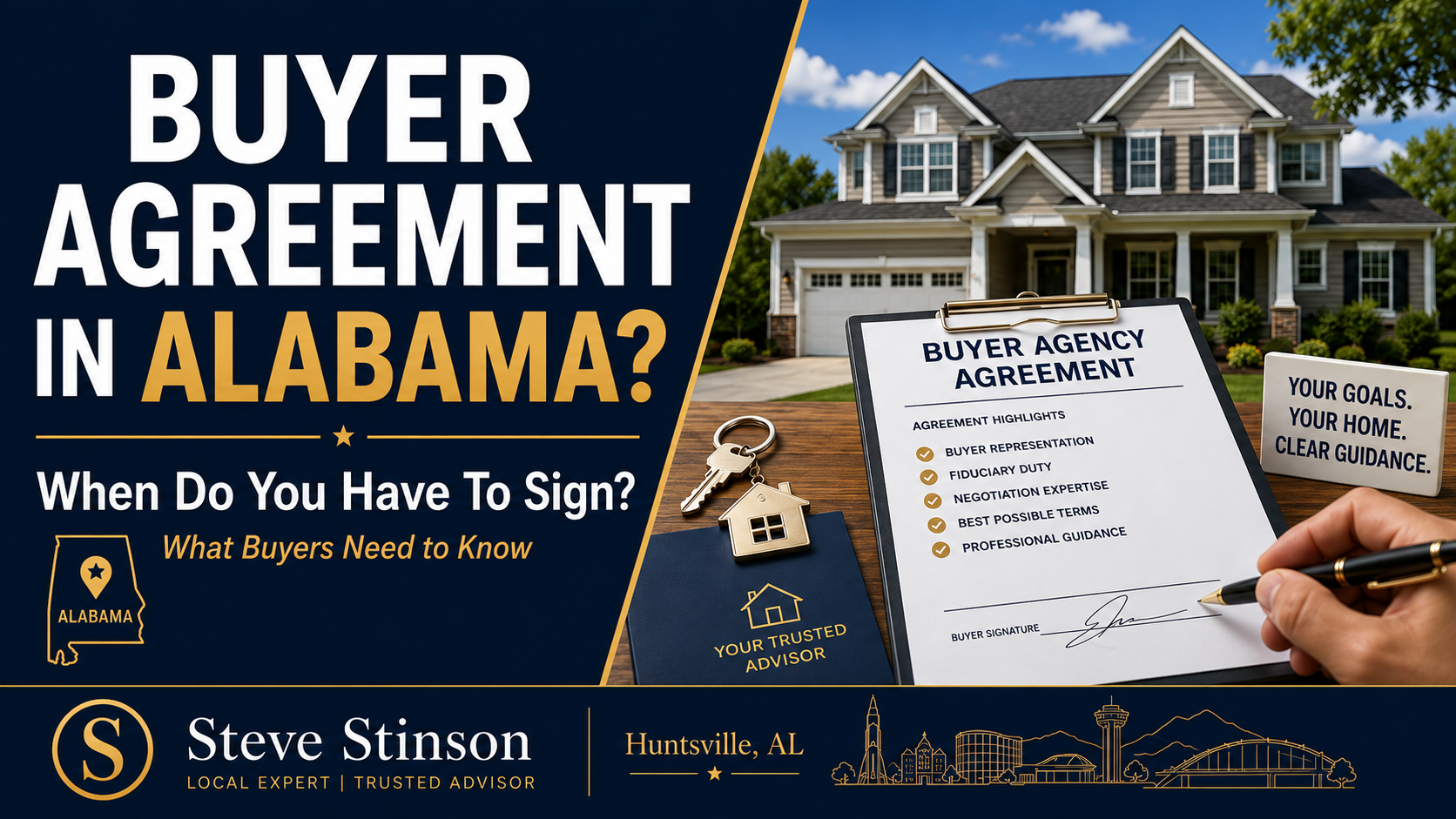 Buyer agency agreement on a clipboard with house keys and an Alabama home in the background