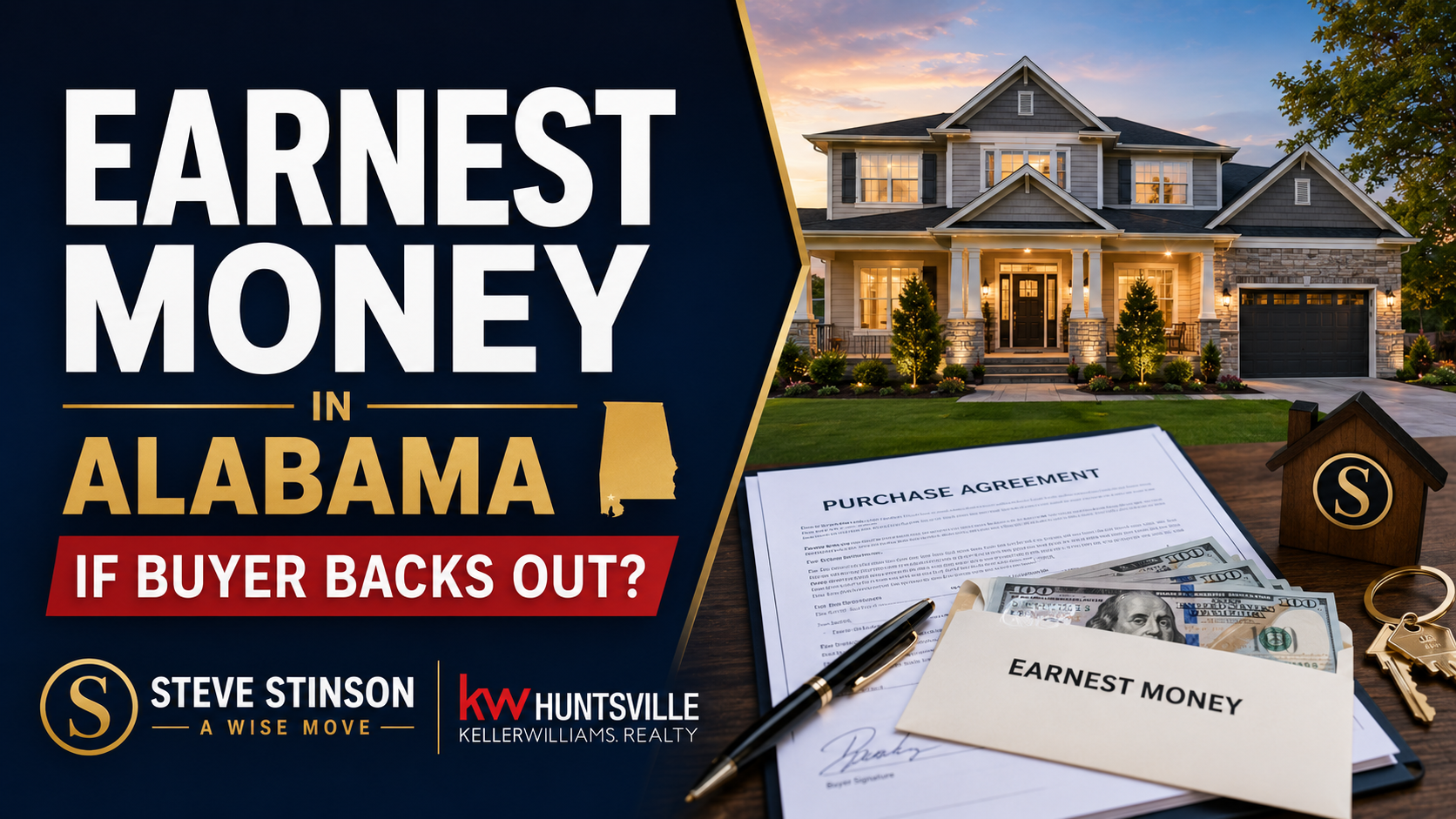 Earnest Money in Alabama: Who Keeps It If the Buyer Backs Out? Blog thumbnail showing an Alabama home sale contract, earnest money envelope, cash, and house keys for a post about who keeps earnest money if a buyer backs out.