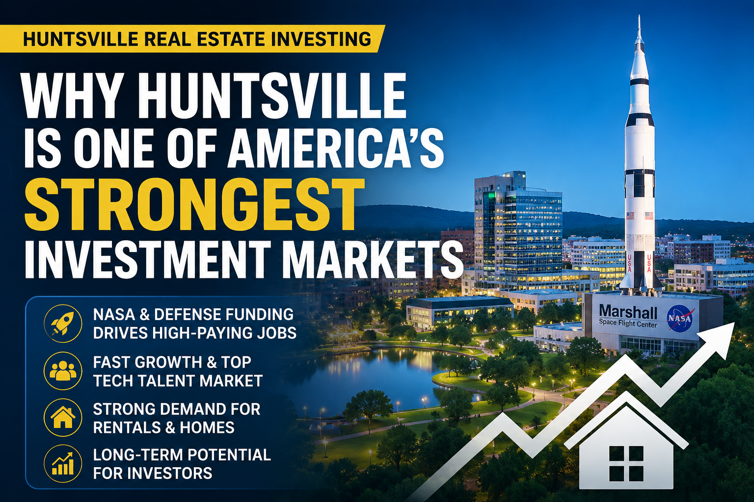 Huntsville Real Estate Investor Hub Huntsville real estate investment market graphic featuring the skyline, Saturn V rocket, housing icons, and rising market trend.