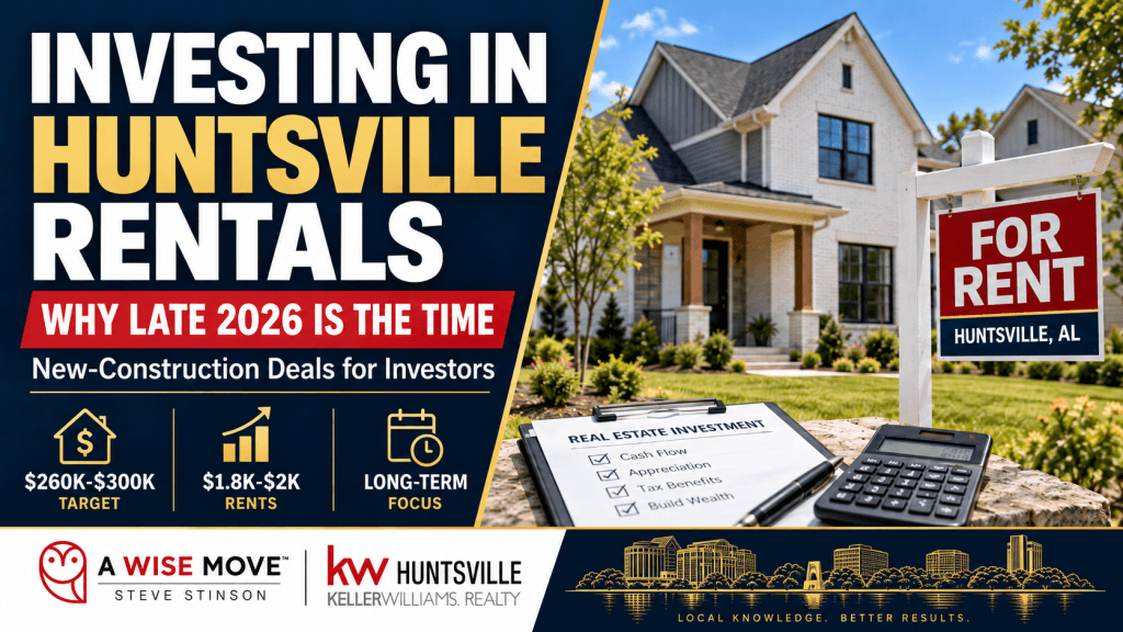 Is a Huntsville Rental Property a Good Investment in Late 2026? Blog thumbnail for Huntsville rental property investing in late 2026, featuring a new-construction home, rental sign, investment analysis, and Huntsville skyline.