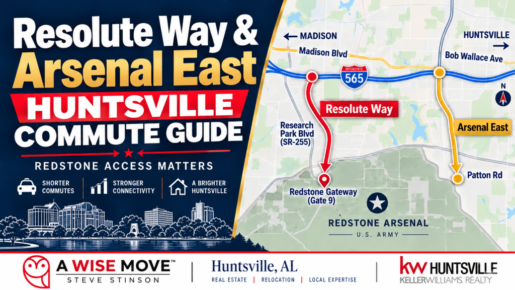 Map showing Resolute Way and Arsenal East planned corridors near Redstone Arsenal in Huntsville, Alabama.