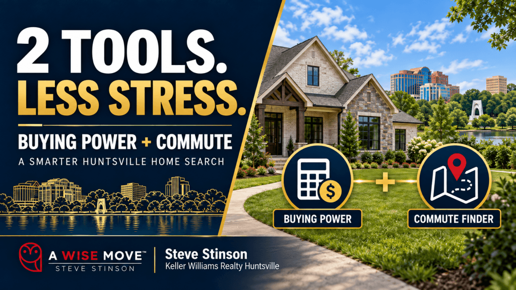 How Can Huntsville Home Buying Tools Make Buying Less Stressful? Huntsville home buying tools showing Buying Power and Commute Finder resources working together for a less stressful home search.