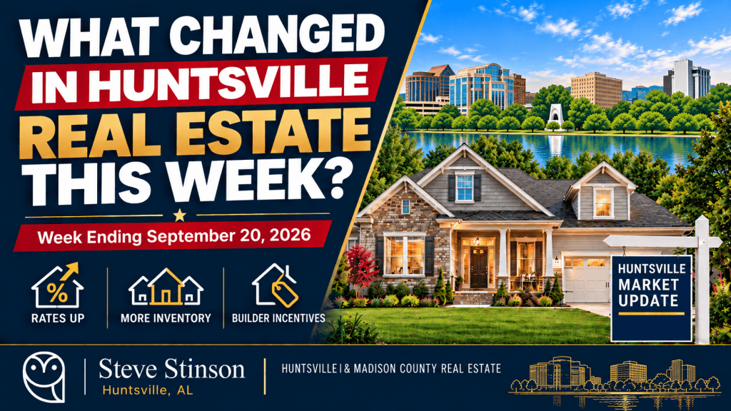 Huntsville Real Estate Weekly Update: What Changed This Week? Week Ending September 20, 2026 Huntsville real estate weekly update for September 20, 2026 showing rising mortgage rates, more inventory, and builder incentives.