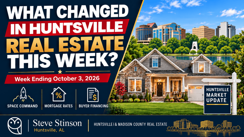 Huntsville weekly real estate update graphic for October 3, 2026, with a home, Big Spring Park skyline, and icons for Space Command, mortgage rates, and buyer financing.