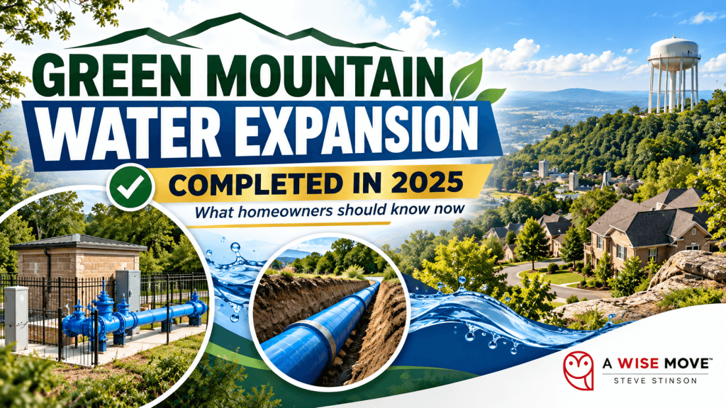 Green Mountain water expansion completed in 2025, featuring a water booster station, new pipeline, and scenic Huntsville neighborhood.