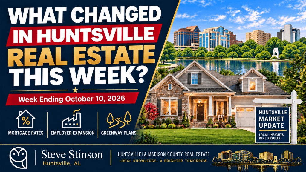Huntsville real estate weekly update thumbnail for October 10, 2026, showing a home, Big Spring Park skyline, and mortgage, employer and greenway icons.