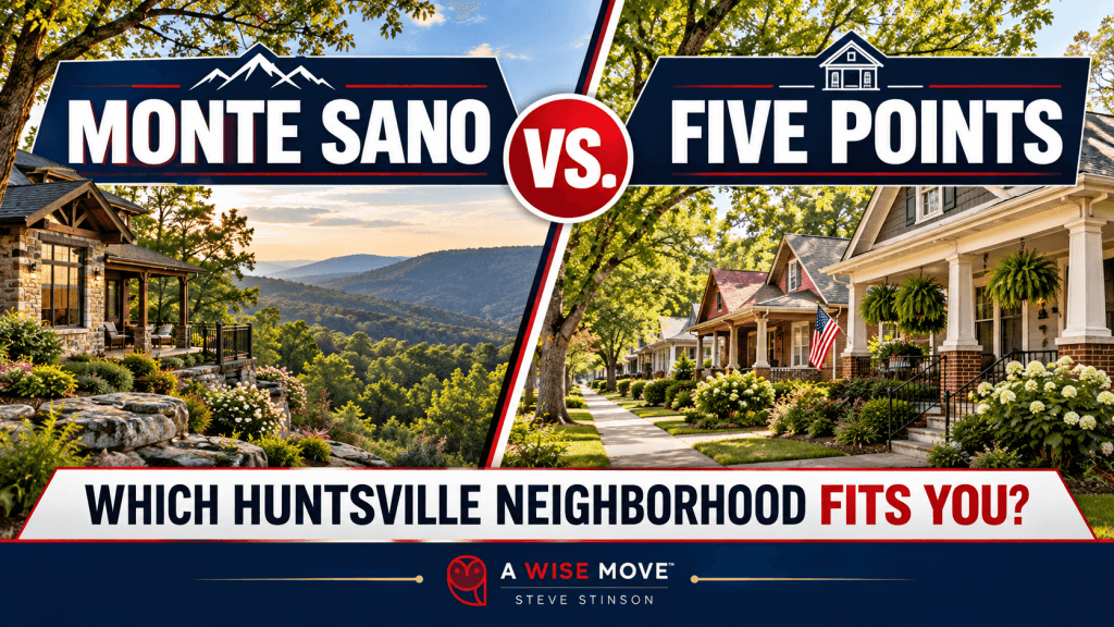 Monte Sano vs Five Points Huntsville: Which Is Better? Monte Sano vs Five Points Huntsville neighborhood comparison showing scenic mountain homes and views on Monte Sano alongside historic Five Points homes, front porches, and tree-lined sidewalks.