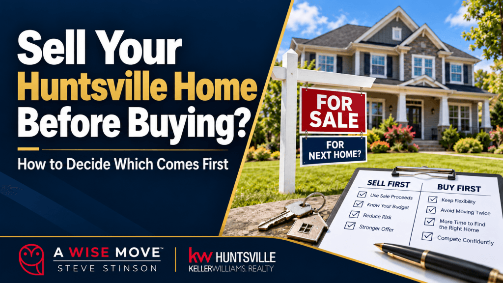 Huntsville home for sale with a checklist comparing selling first versus buying first, featuring Steve Stinson real estate branding.