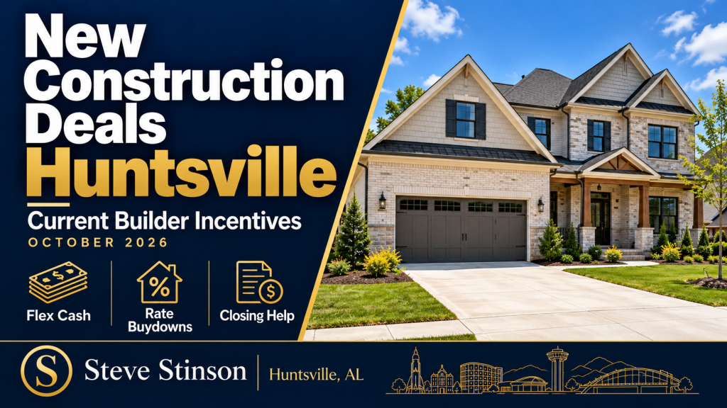 What New Construction Deals Are Available in Huntsville? New construction deals in Huntsville, Alabama, October 2026, featuring builder incentives, flex cash, mortgage rate buydowns, and closing cost assistance.